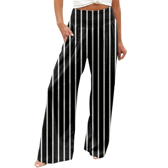 Fiaer,Womens Oversized Elastic Waist Palazzo Pants,Women's Loose Fit Printed Lounge Trousers,Ladies Casual Trendy Comfy Breathable Going out Daily Slacks with Pockets Black M