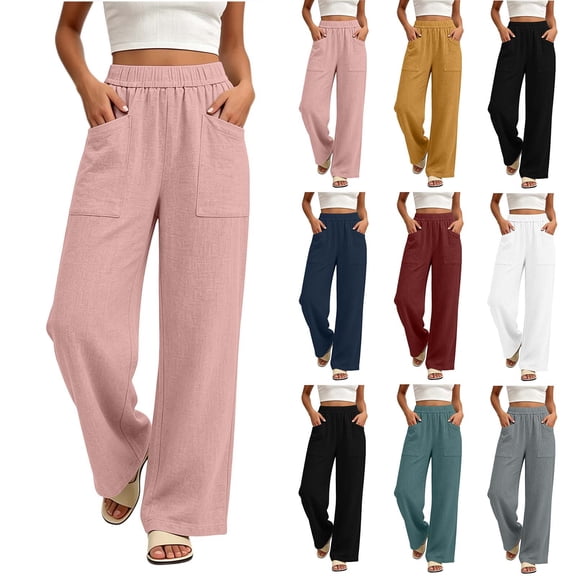 Women's Soft Fabric Straight Leg Pants with Elastic Waist, Pockets, Casual Business Lounge Travel, Womens Trousers Summer Capris | UKHCCC,Black L