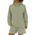 thumbnail image 2 of BODOAO Women's Hooded Jacket and Shorts 2 Piece Set Summer Casual Long Sleeve Zip Up Sporty Loungewear Outfit, Lightweight Track Suit with Side Pockets for Travel and Gym Light Green 3XL, 2 of 3