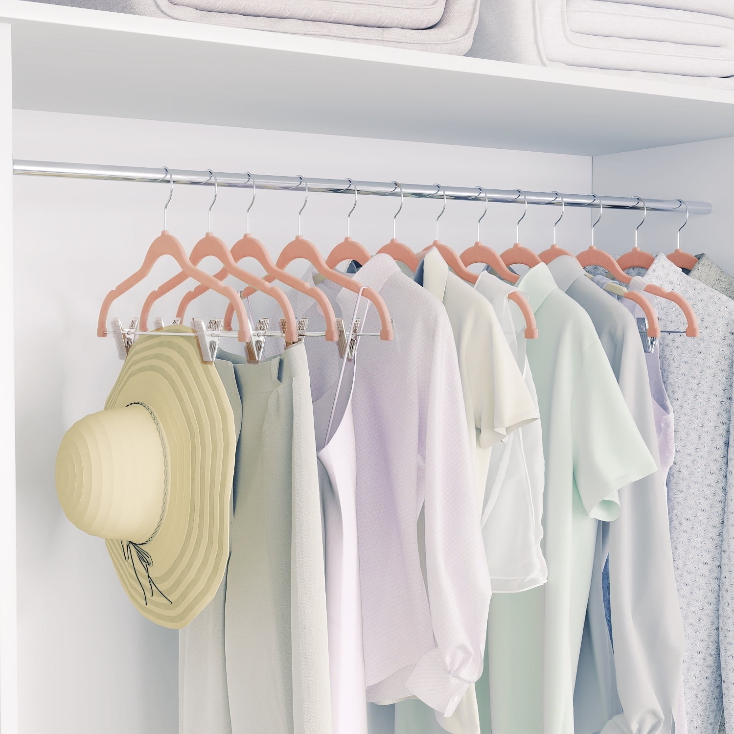 LEDREM 30-Pack Adjustable Velvet Hangers, Heavy-Duty Non-Slip Skirt Hangers, Pants Hangers with Movable Clips, Space-Saving for Dresses & Coats, Light Pink