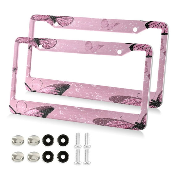 2-Pack Aluminum License Plate Frame with 2 Holes for GM License Plate Cover with Free Screws Pink Sequin Butterfly