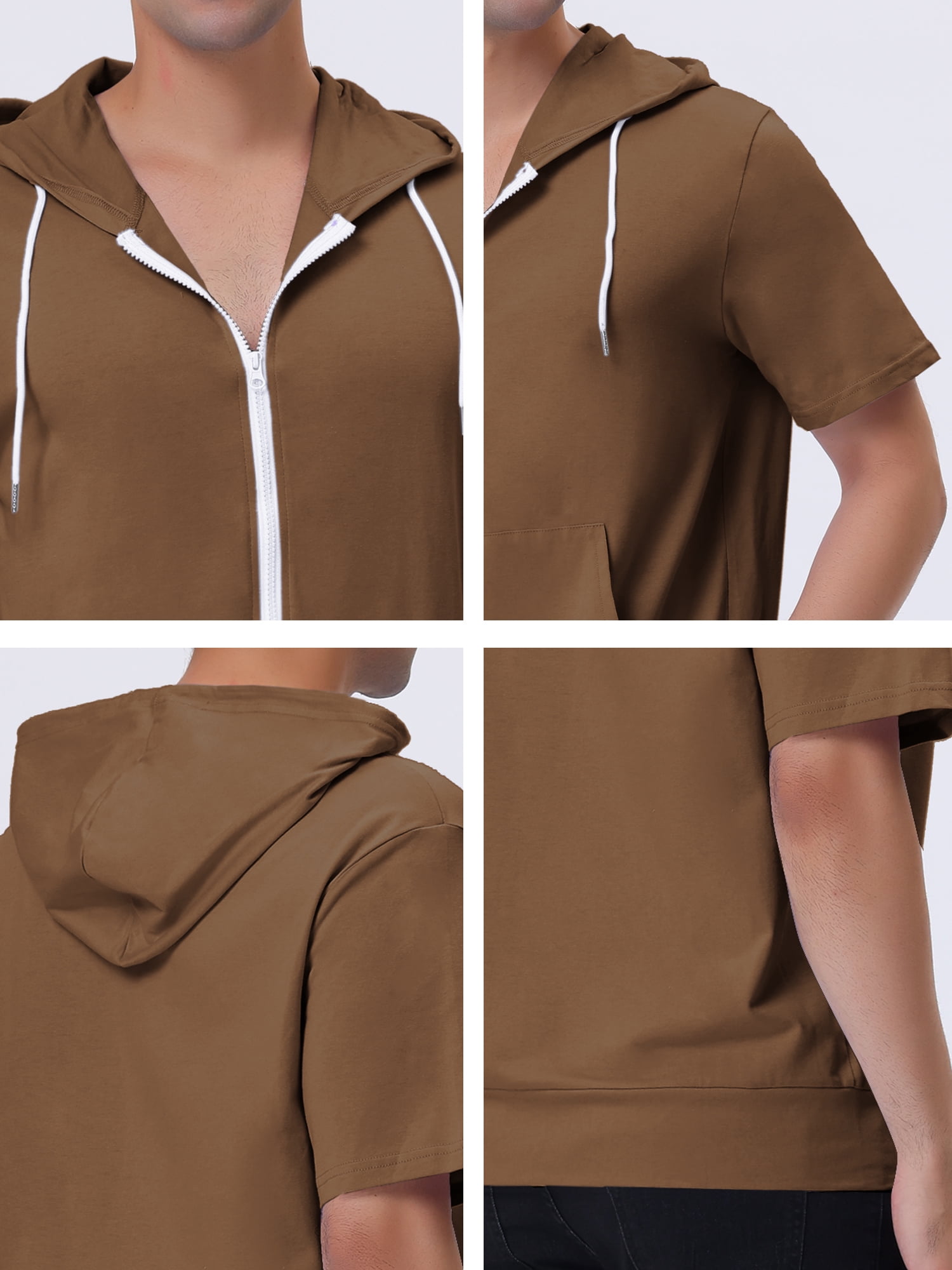 Unique Bargains Men's Short Sleeve Solid Color Zip Up Sport Hoodies L Brown