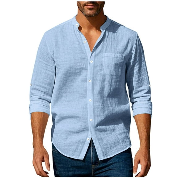 IYTR Mens Casual Long Sleeve Shirts Button Pocket Shirts V-Neck Leisure Loose Fit Spring Clothes Lightweight Solid Color Shirt (Light Blue,XXXL)