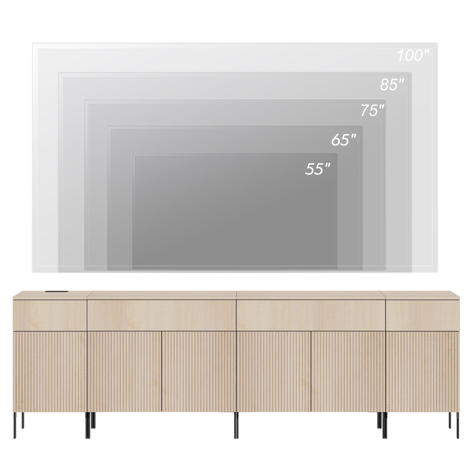 94.5" Reeded Accent Cabinet Set with Charging Station, Modern Credenza Storage Cabinet with Doors and Drawers for Living Room, Kitchen, Dining Room, Hallway