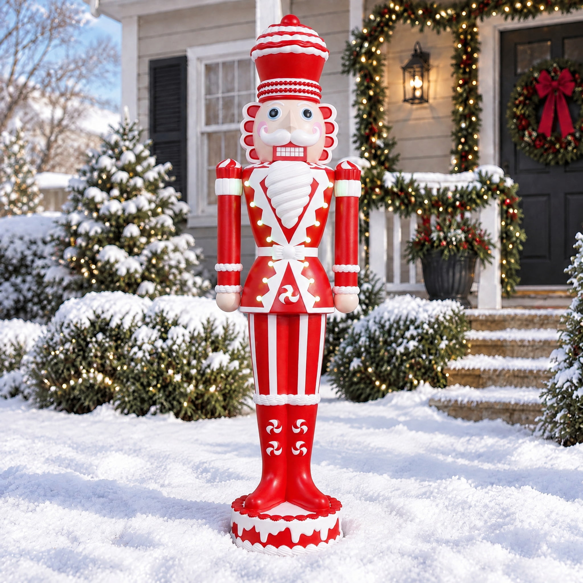 Lighted Blow Mold Candy Nutcracker Indoor/Outdoor Christmas Decoration, Red and White, 72", by Holiday Time