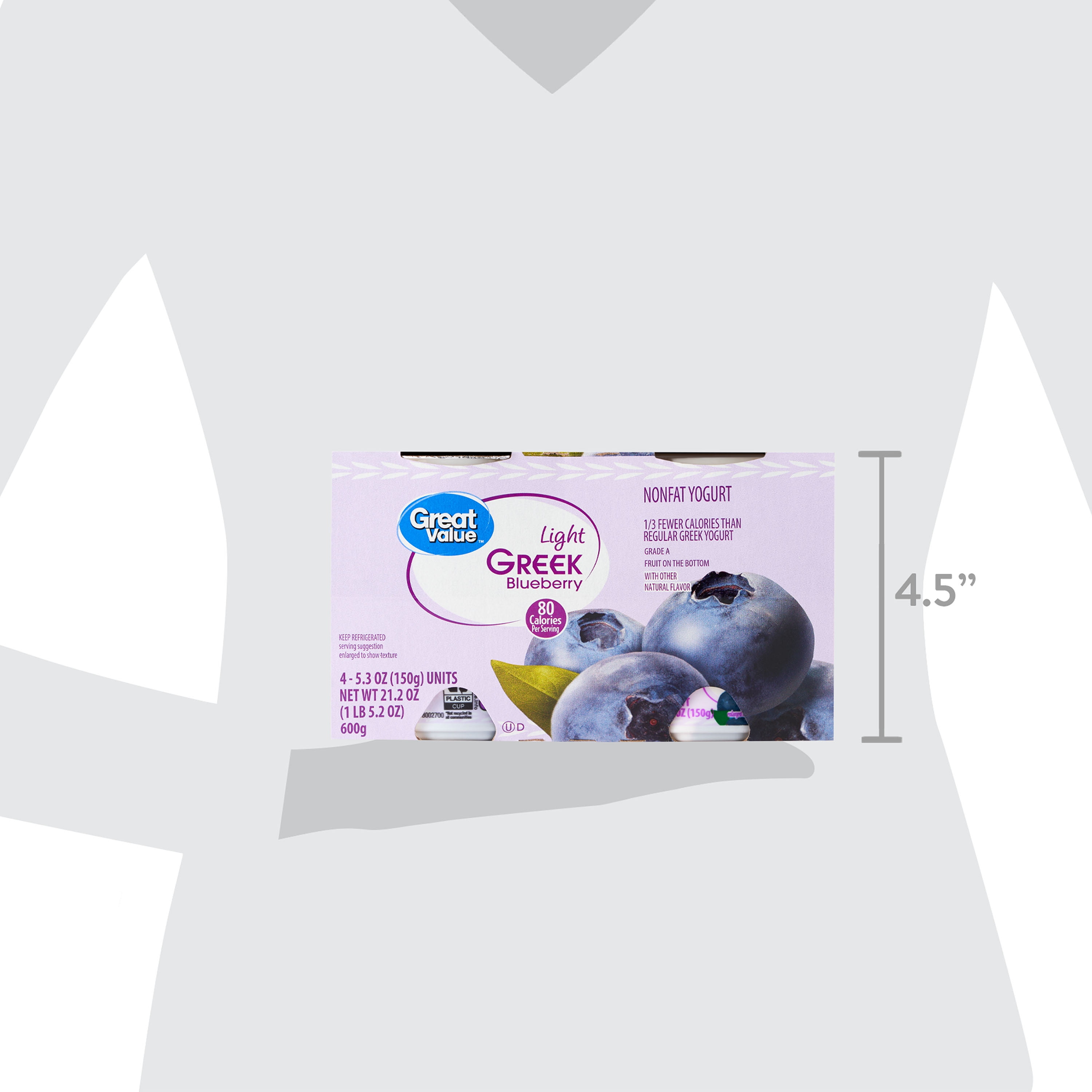 Great Value Light Blueberry Nonfat Greek Yogurt, 5.3 oz Cups, 4 Pack