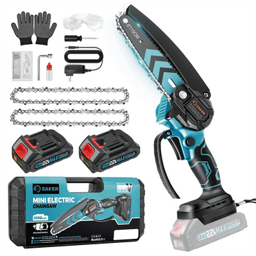 Saker 6 inch Small Handheld Chainsaw with 2 Batteries & 2 Chains, Powerful Electric Chainsaw for Efficient Cutting, Ideal for Wood Cutting, Tree Trimming, Blue
