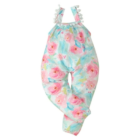 

Toddler Baby Girls Jumpsuit Floral Print Strap Sleeveless Romper with Pockets Haren Pants Summer Casual One Piece Outfits