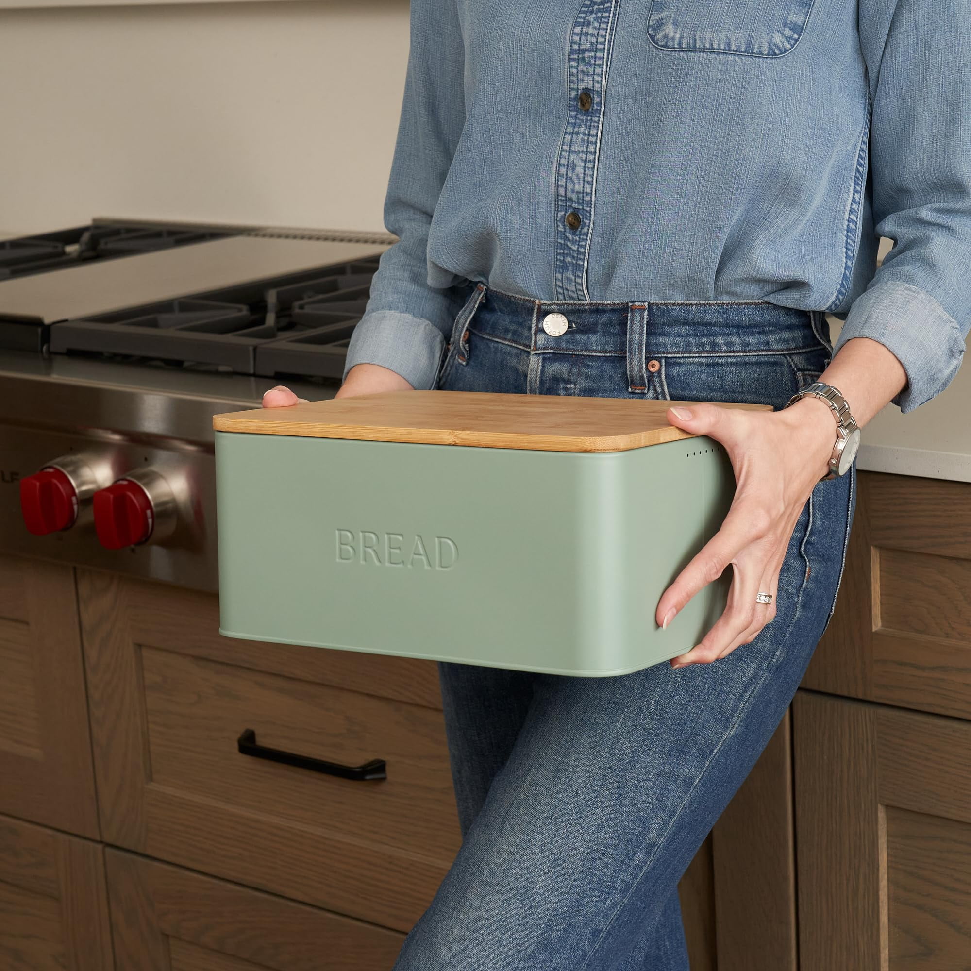 Stylish Bread Box with Wooden Lid for Kitchen Countertop, Spacious Storage Container for Homemade Bread Muffins Bagels, Premium Cutting Board Lid Keeps Bread Fresh