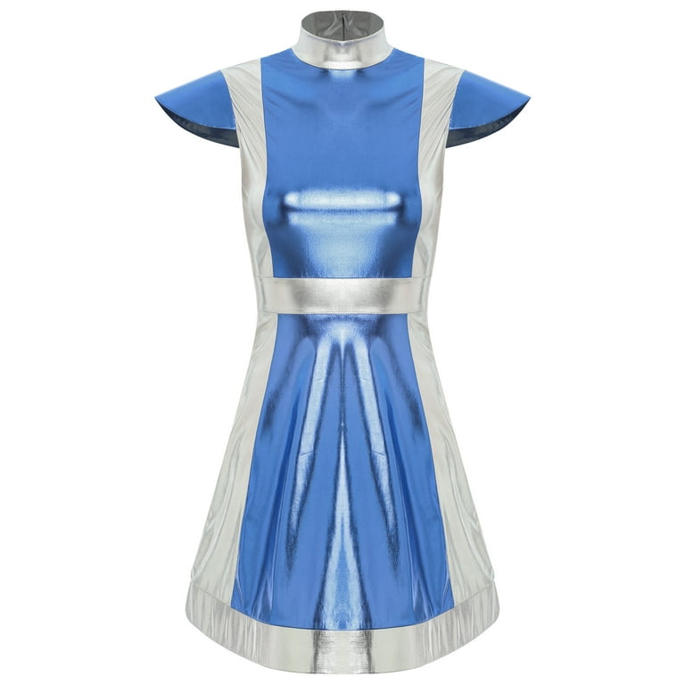 Aislor Womens Space Alien Dress Halloween Cosplay Dress Up Costume Shiny Metallic Cap Sleeve Astronaut Space Dresses Light Blue 3XL, Women's