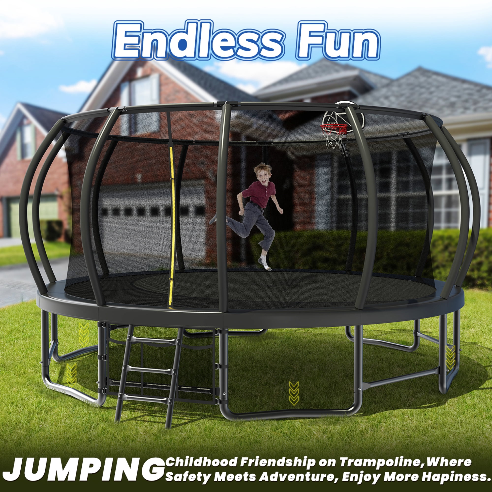 16FT Trampoline for Kids and Adults,Outdoor Pumpkin Trampolines with Curved Poles,Heavy Duty Trampoline with Ladder and Basketball Hoop,Black