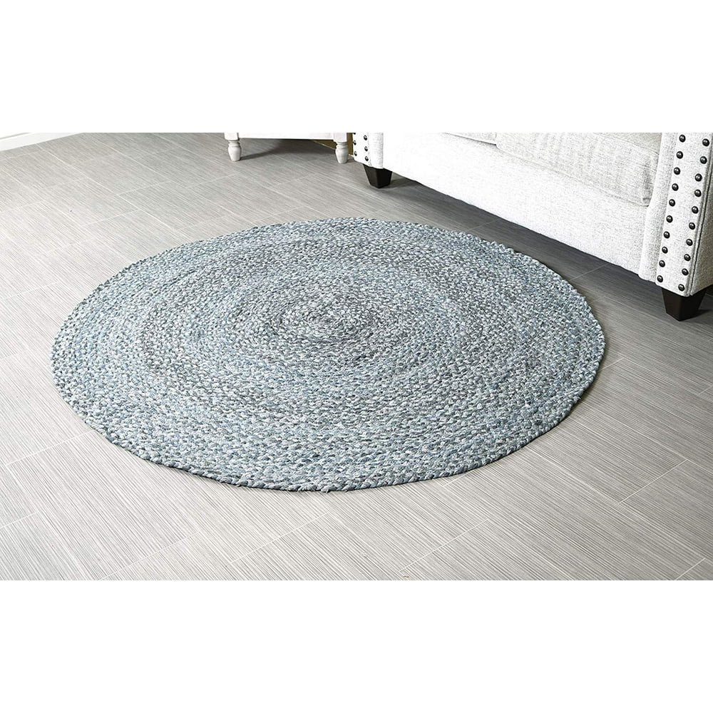 5 ft Grey Round Area Rug for Living Room Braided Nonslip Reversible