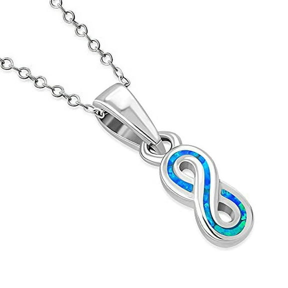 Womens Small Blue Simulated Opal 925 Sterling Silver Infinity Pendant Necklace Adjustable Cable Chain 16"-18"