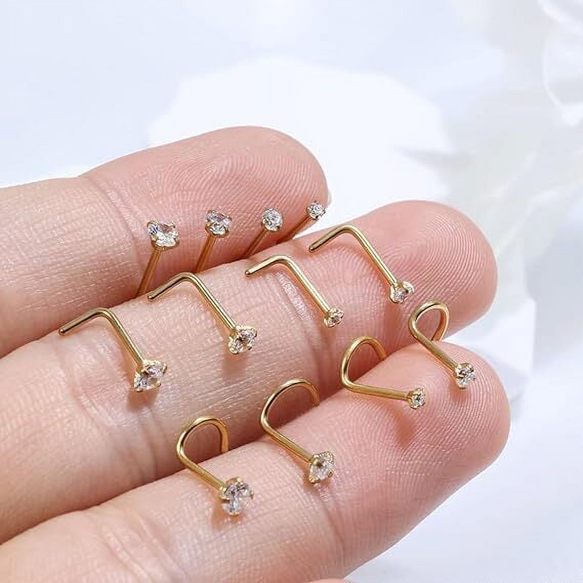 3 Clous De Nez En L Or 20G (0.8mm) - Acier Chirurgical 316L, Avec Cristaux Cœur/Étoile - Piercing Nez Délicat