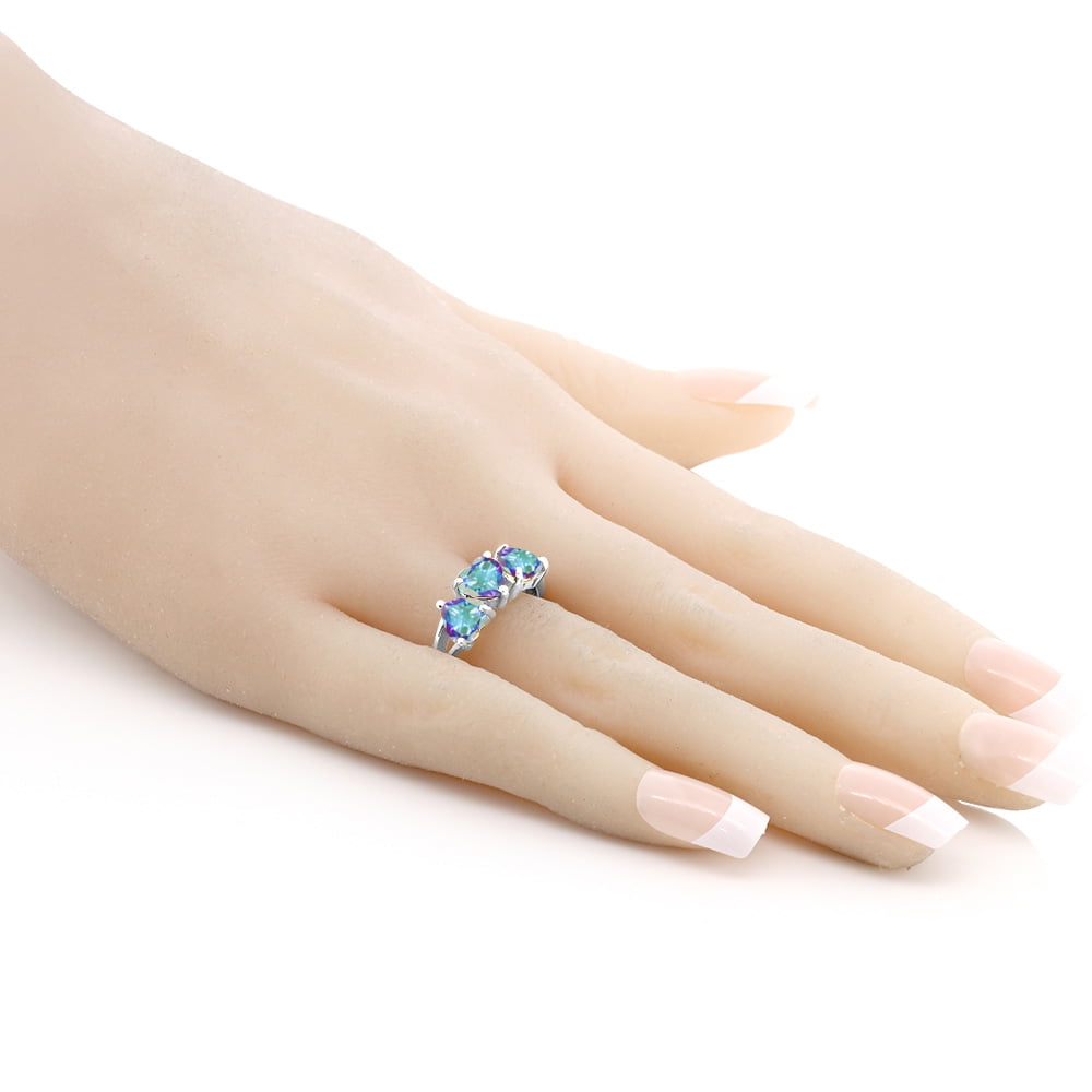 Gem Stone King 925 Sterling Silver Mercury Mist Mystic Topaz 3-Stone Ring for Women | 2.85 Cttw | Heart Shape 6MM | Available in Size 5, 6, 7, 8, 9