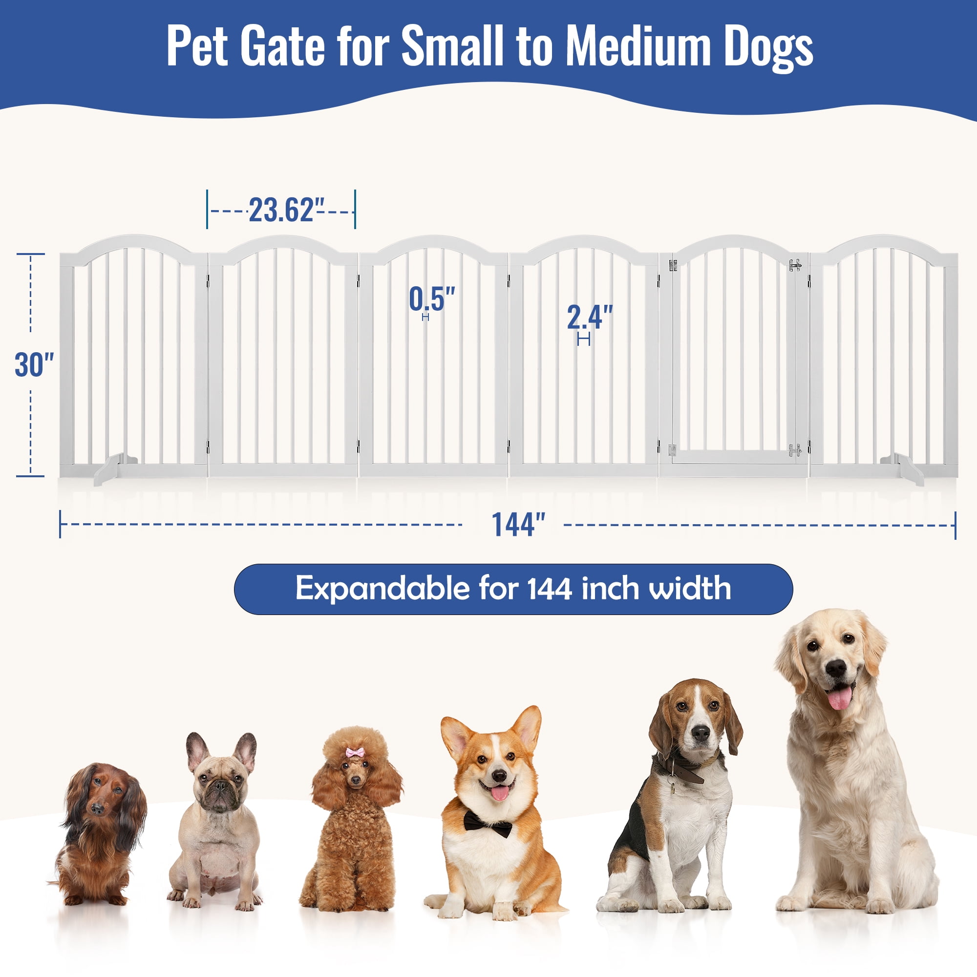 TrumanPick 30" H Extra Tall Dog Gates for Doorways, 6-Panel Foldable Pet Gate, 2 Support Feet Dog Fence for Stairs 144"L, White