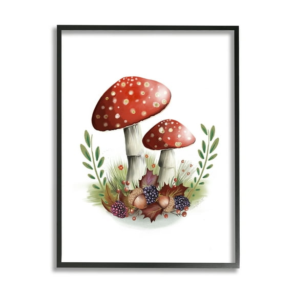Stupell Industries Red Mushrooms & Acorns Botanical & Floral Painting Black Framed Art Print Wall Art, 11 x 14