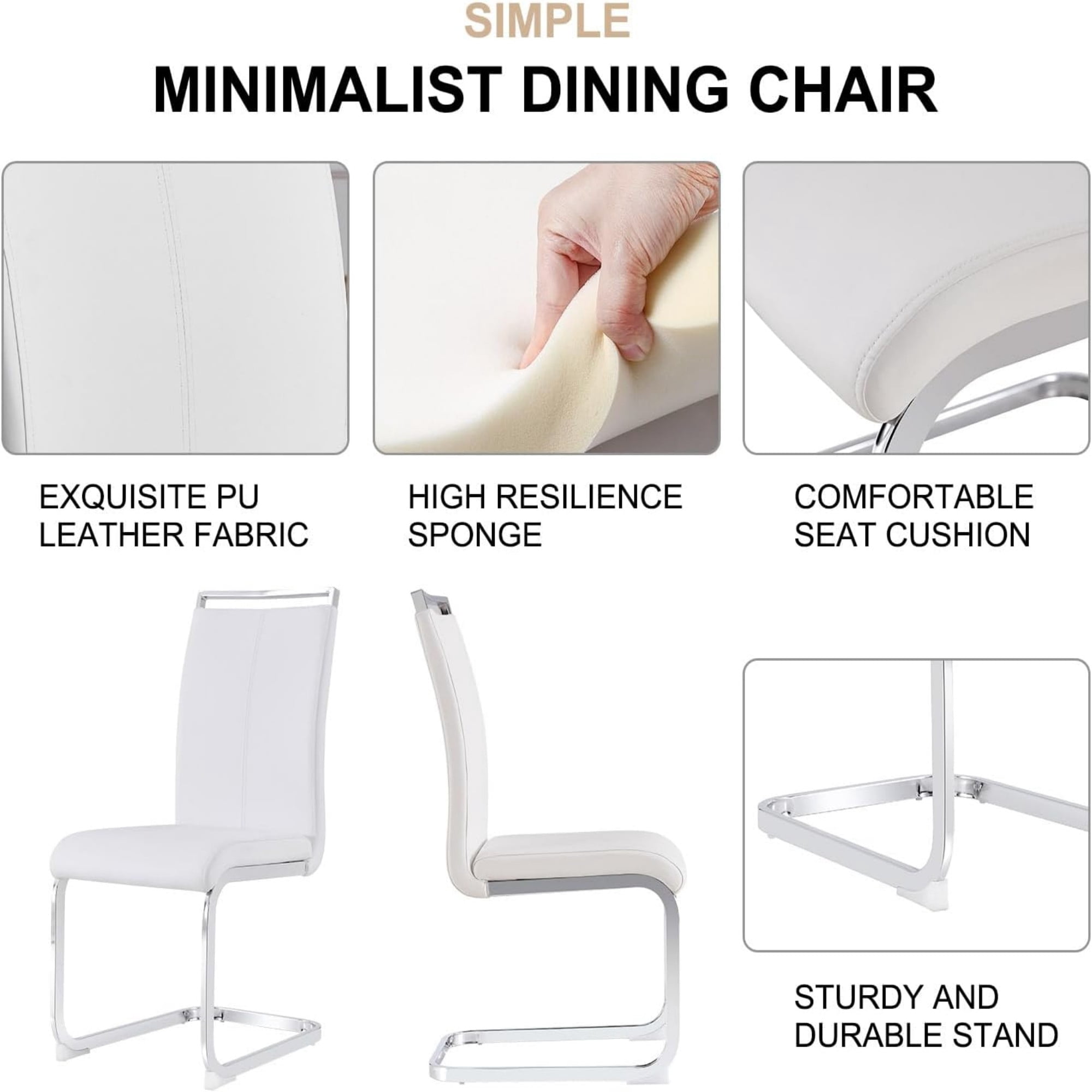 SUDICA Dining Chairs Set of 2 White PU Leather Upholstered Side Chairs with Chrome Metal Legs for Kitchen Dining Room