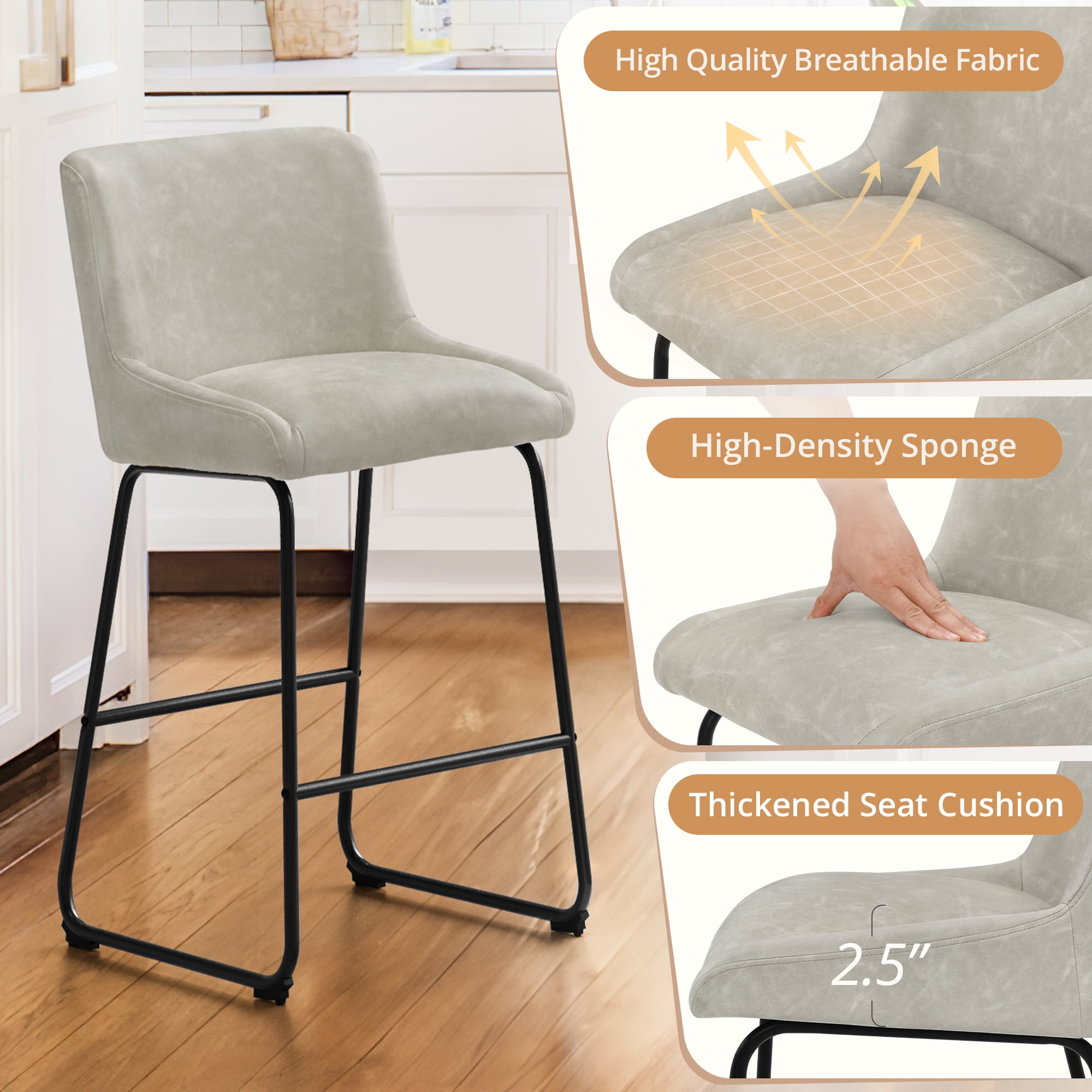 Dycanpo 26" Counter Height Bar Stools Set of 2, Faux Leather 2.5" Cushion, Beige Gray