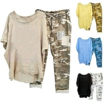 Dazajoo Two Piece Summer Outfits for Women Casual Cotton Linen Round Neck Half Sleeve T Shirts and Camo Capri Pants Sets 2025 Lounge Suits,Yellow,XXL
