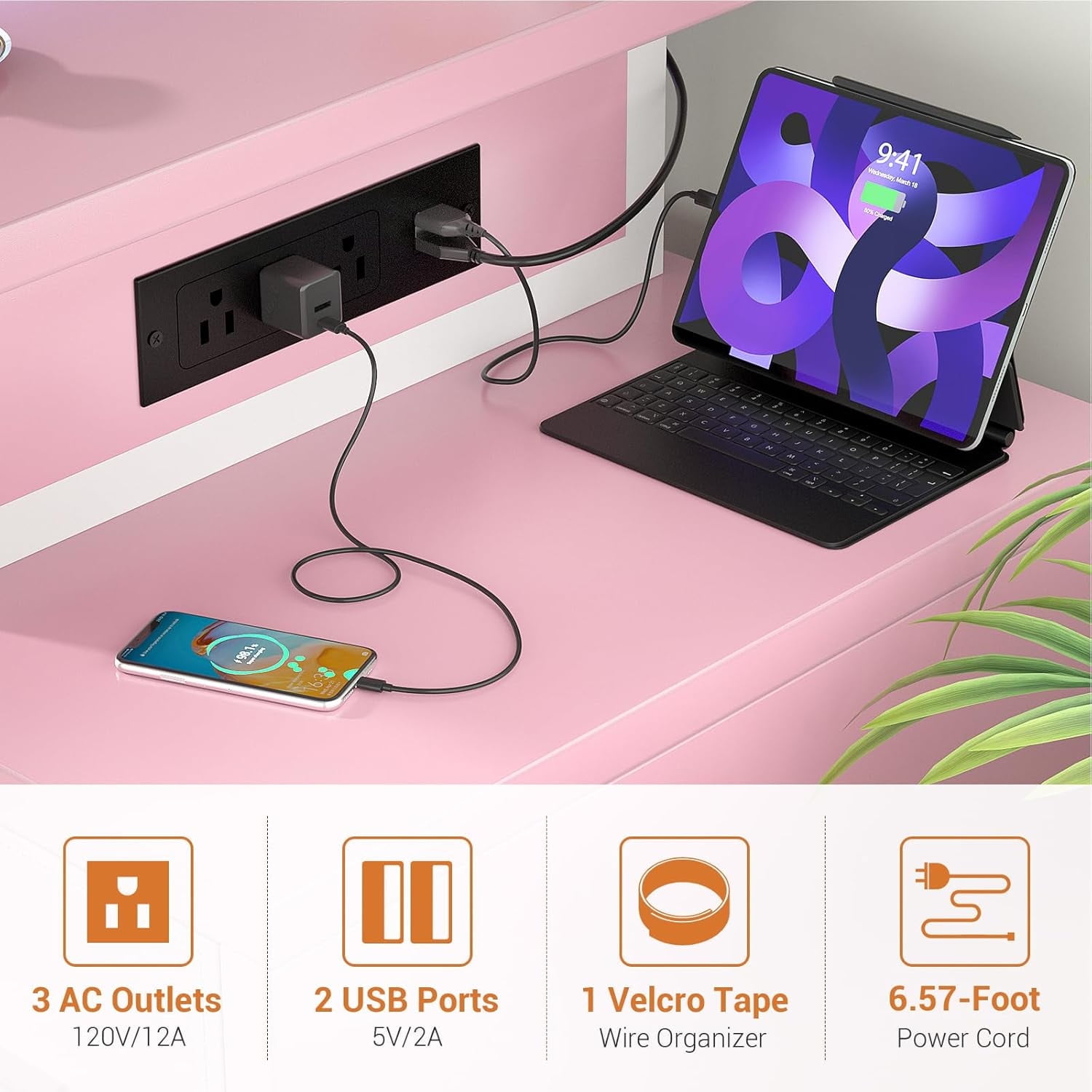Homieasy 53" Gaming Desk with 2 Fabric Drawers & LED Lights, Reversible Computer Gaming Desk with Power Outlets, Writing Desk with Monitor Stand for Home & Office, with Pegboard, Pink