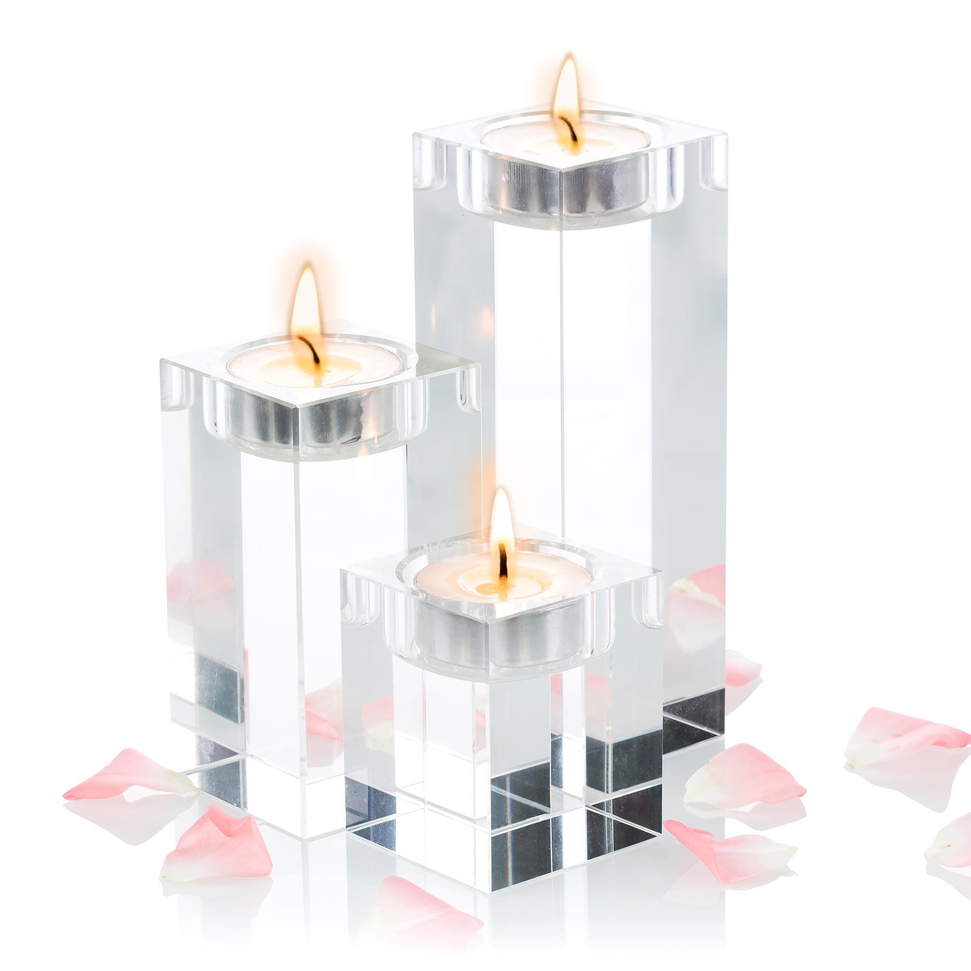 Nuptio Glass Crystal Tealight Candle Holders Set of 3, 2.4'+3.9'+5.5'