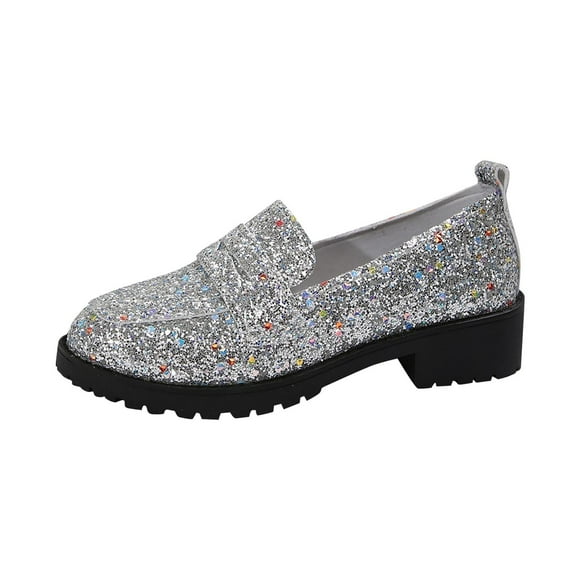 Sparkly Loafers for Women, Platform Slip on Shoes with Chunky Low Heel, Glitter Casual Flats for Spring and Summer