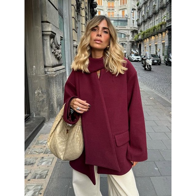 Abrigo de lana con cuello en V para mujer, chaqueta elegante de manga larga con bolsillo, color rojo vino, ropa de calle, novedad de otoño