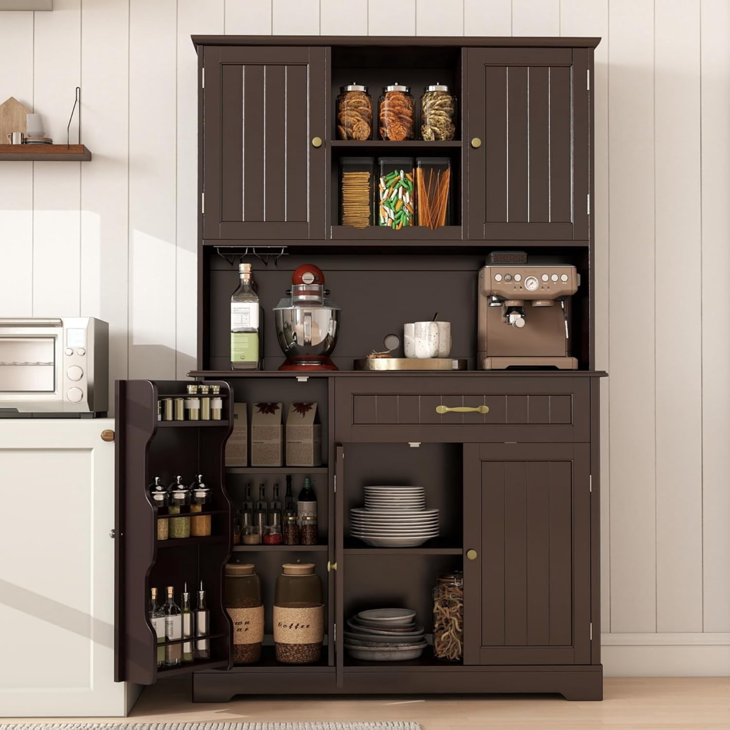 67" Kitchen Hutch Cabinet with 5 Doors and 14 Shelves, Noelse Large Wooden Kitchen Pantry Storage Cabinet with Drawer, Tall Coffee Bar for Dining Room, Dark Brown