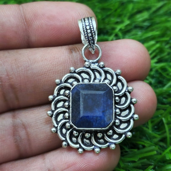 Natural Madagscar Blue Sapphire Handmade 925 Sterling Silver Pendant 37 mm