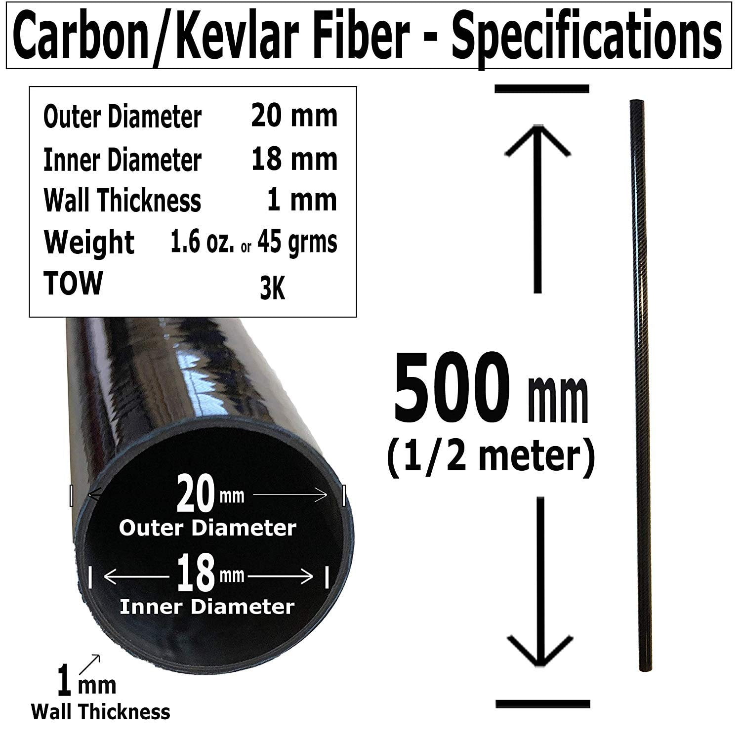 3K Roll Wrapped 100%... Blue-Black Carbon Fiber Tube 2 20mm x 18mm x 500mm 