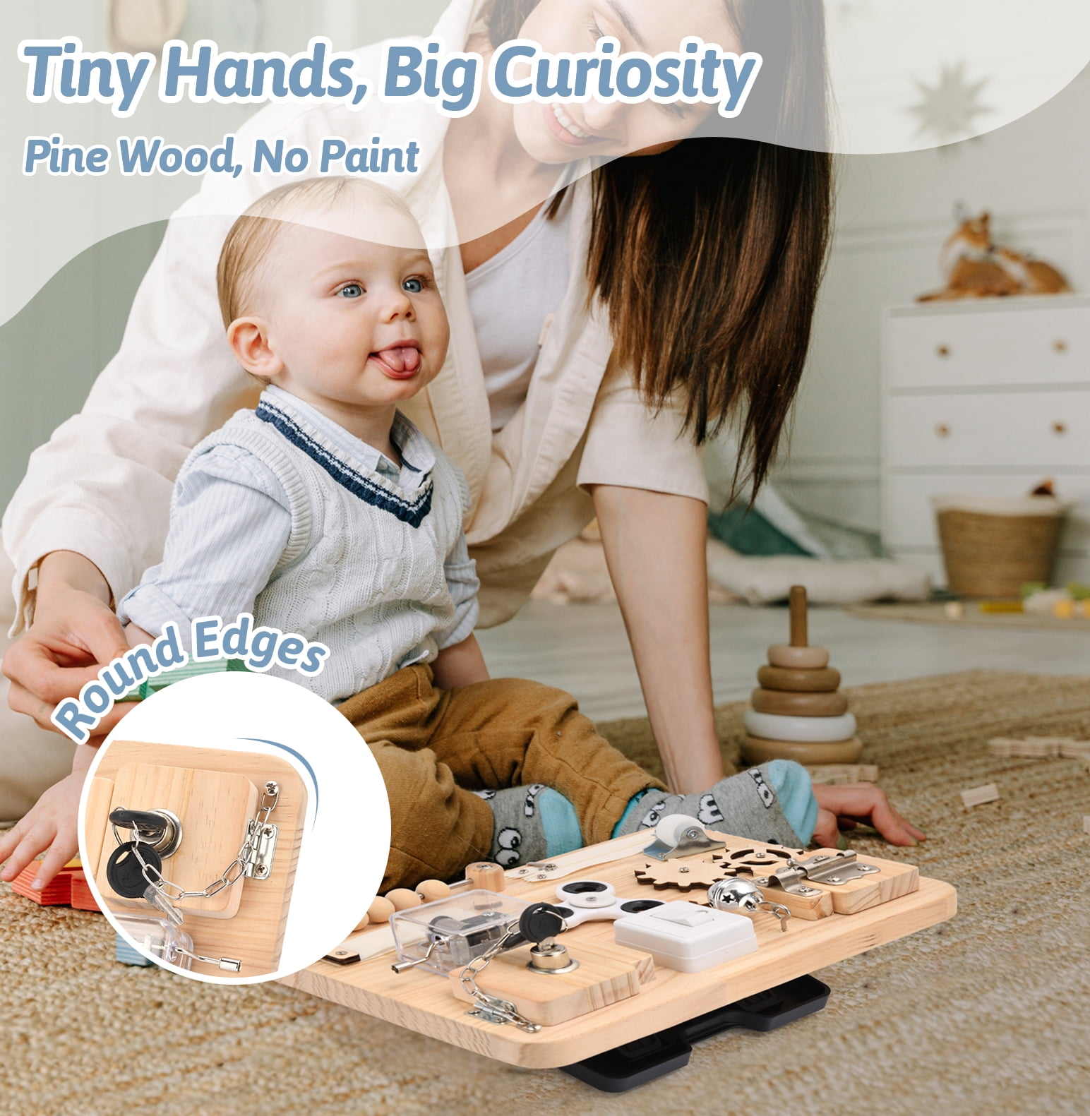 Montessori Wooden Busy Board for Toddlers – Sensory Activity Board Toys for Kids – Fine Motor Skills Educational Fidget Toy – Travel Toy for Baby Boys & Girls – Birthday Gift for Autism & ADHD