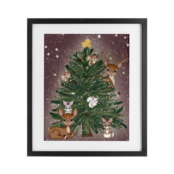 Stupell Industries Rustic Lodge Christmas Tree Fun Animals Black Framed Print Under Glass, 13 x 16, by Drew McInerney