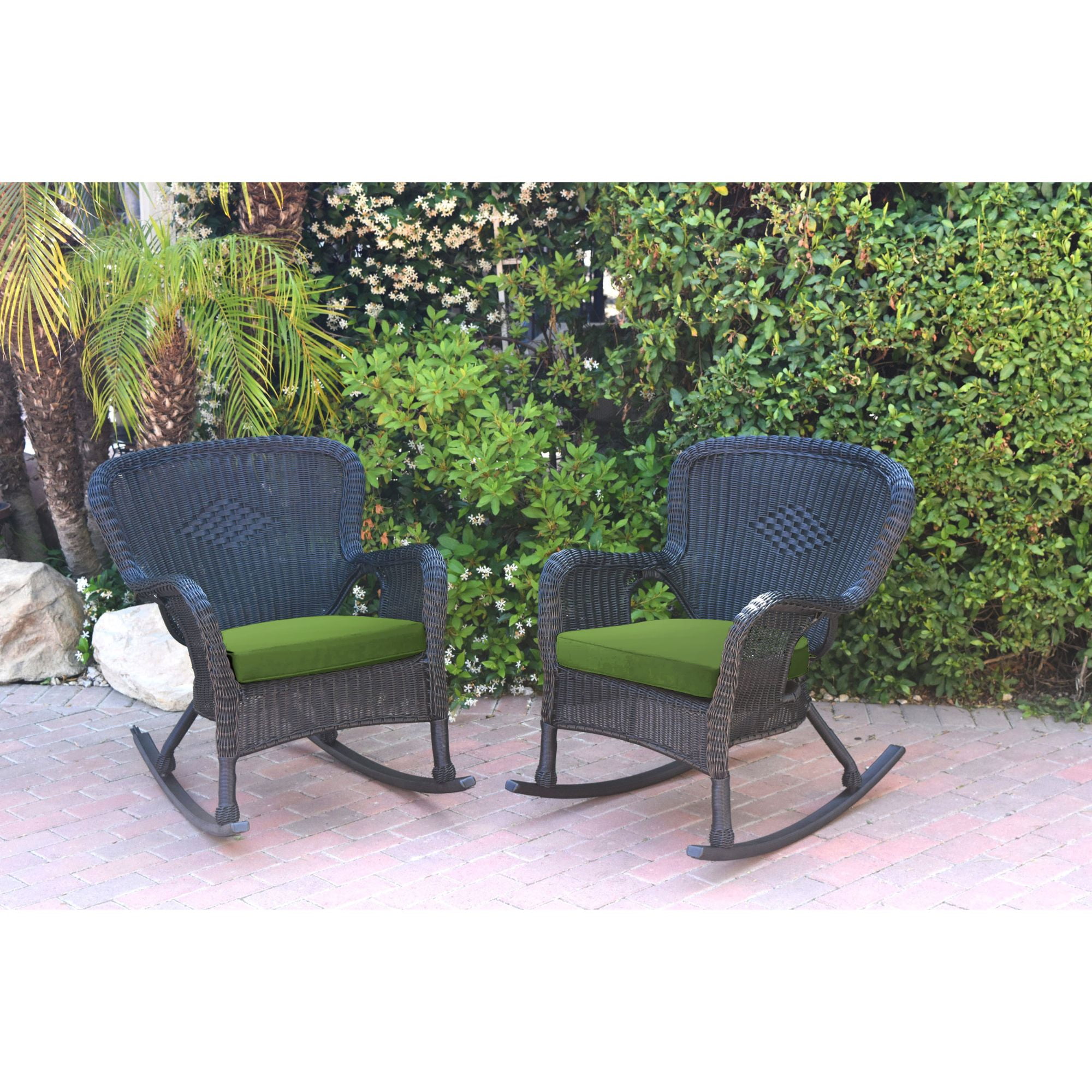 Set of 2 Black Outdoor Patio Resin Wicker Rocker Chairs - Hunter Green