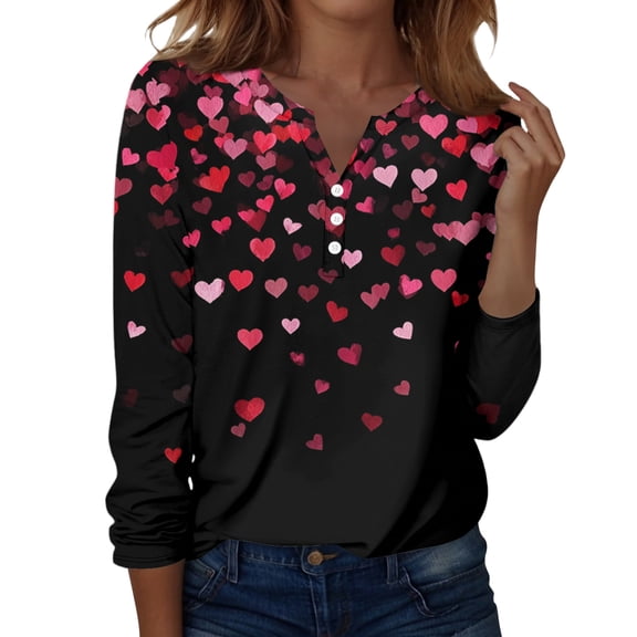 Valentine Day Shirts for Women Love Heart Print Long Sleeve Cute Blouse V Neck Plus Size Funny T Shirts Pink 2XL