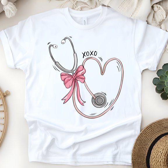 XOXO Nurse Graphic Tee with Medical Heart Design, White, Size S