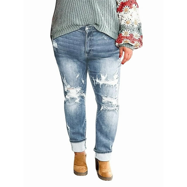 Women'S Ripped Mid Waisted Boyfriend Jeans Loose Fit Distressed Stretchy Denim Pants Light Blue M