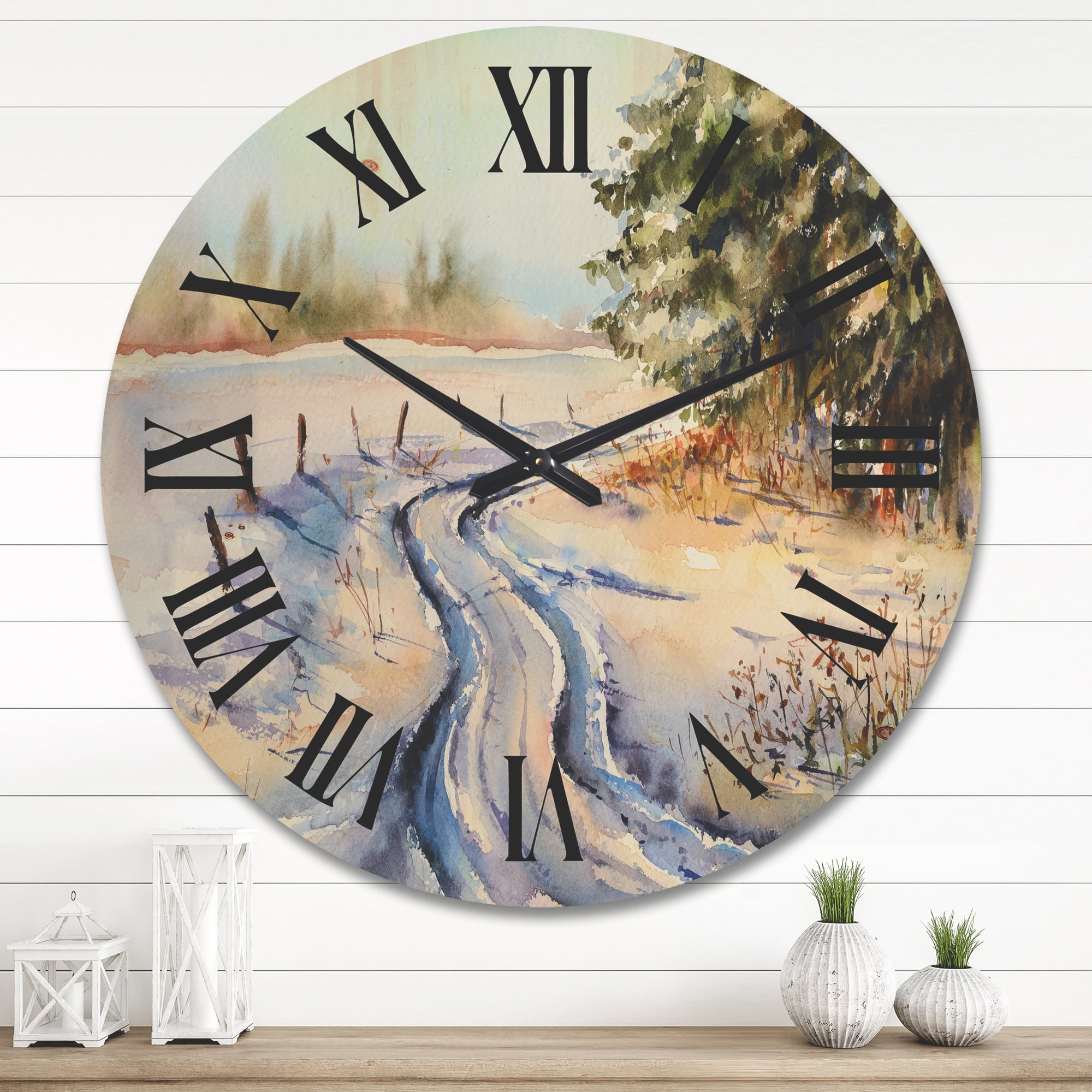 Designart 'Snowy Winter Forest Landscape Rural Road In Snow' Traditional Wood Wall Clock