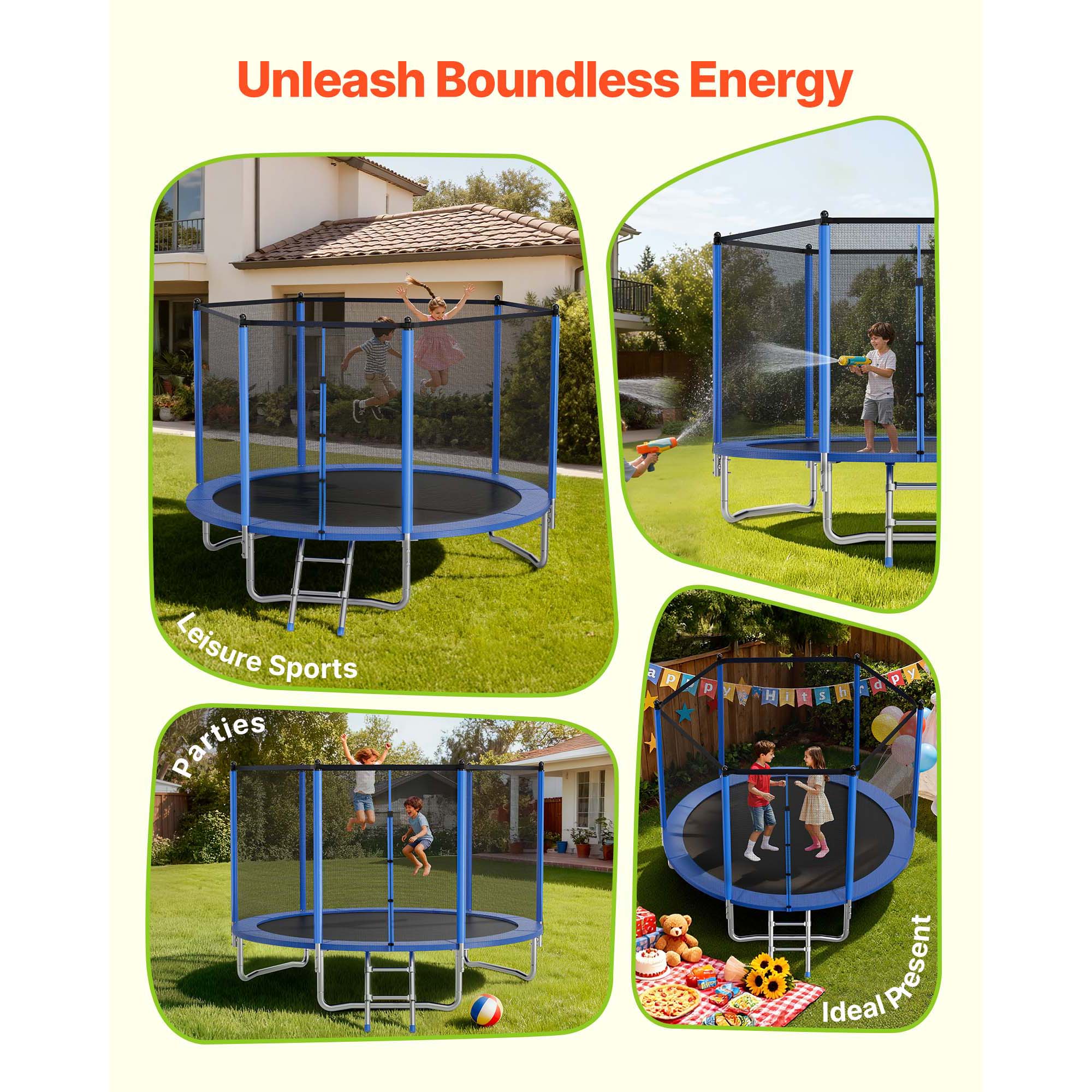 KFFKFF 10FT Outdoor Trampoline with Safety Enclosure, ASTM Certified, Durable Design, 330 lbs Weight Limit, Rust-Resistant Recreational Trampoline for Backyard Fun for Kids and Adults