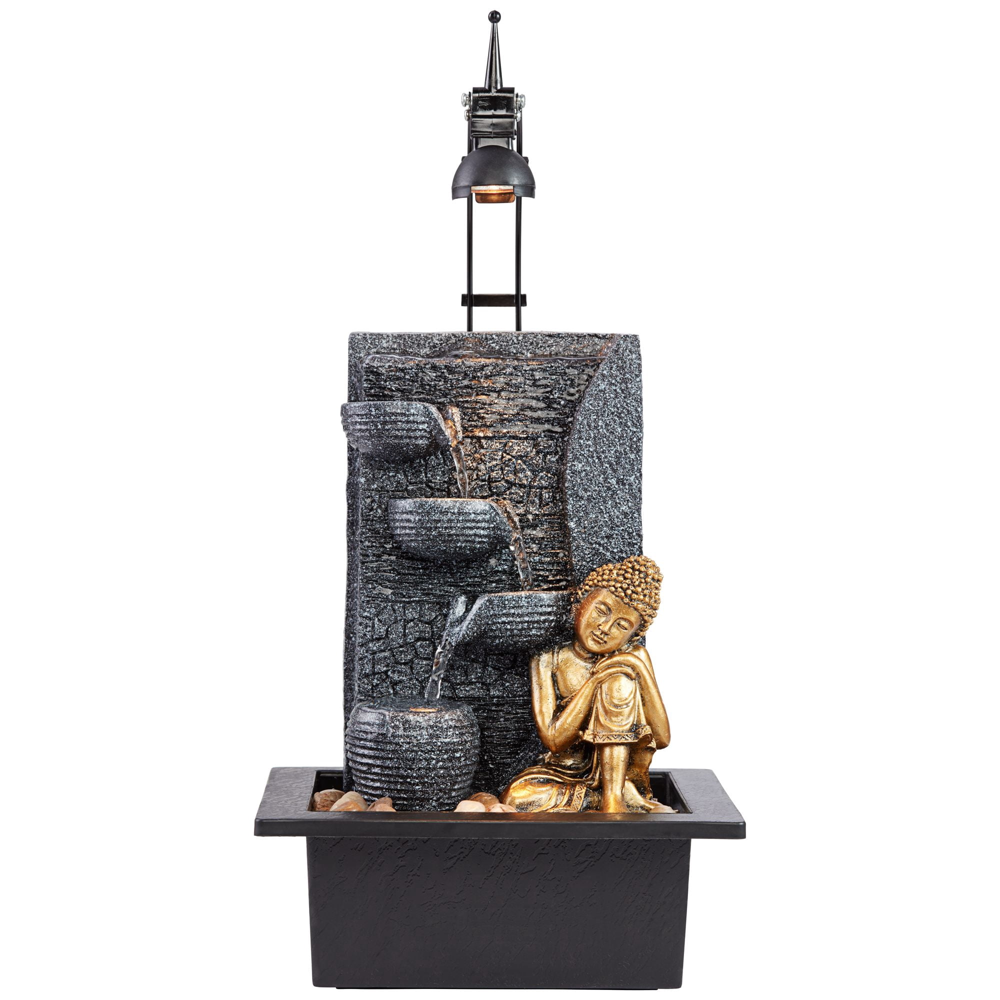 Kneeling Gold Buddha 17" High Small Zen Asian Indoor Outdoor Decor Faux Stone Tabletop Fountain with Light LED
