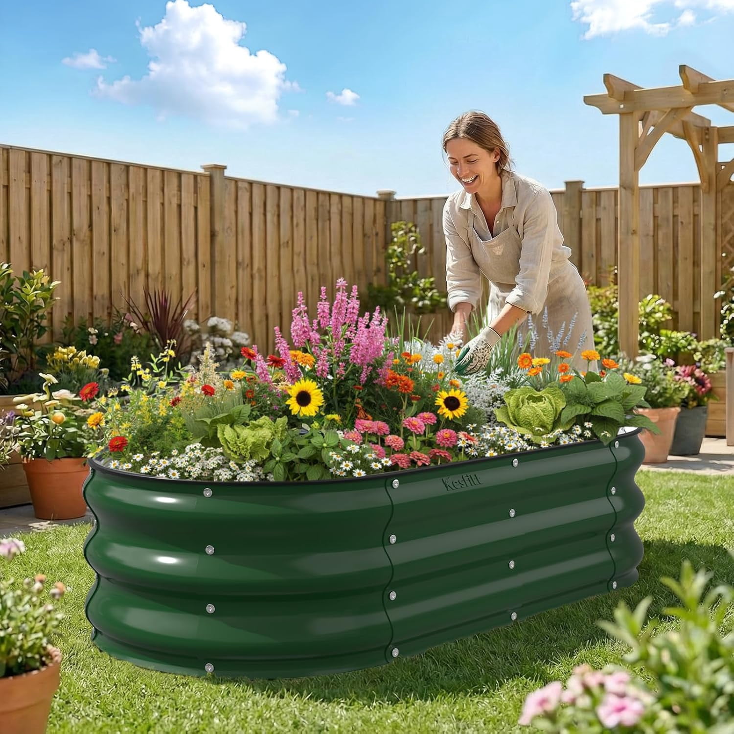 Raised Garden Bed, 4x2x1 FT Galvanized Steel Metal Raised Garden Bed, Oval Open-Bottom Design, 12-Inch Deep for Outdoor Vegetable & Herb Gardening, Forest Green