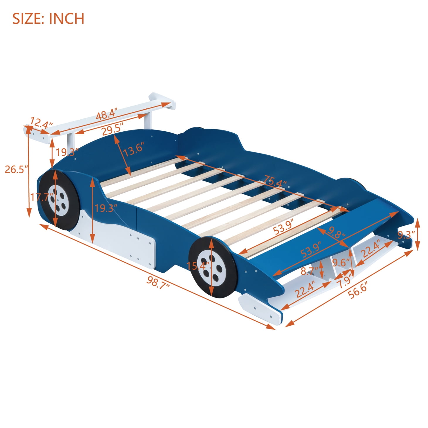 Full Size Race Car-Shaped Platform Bed, Full Bed Frame with Wheels, Full Car Bed with Slat Support for Kids, Child's Bedroom, Blue
