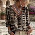 thumbnail image 2 of Women Abstract Geometric Print Drawstring V Neck Ruffled Top,Khaki,S, 2 of 3