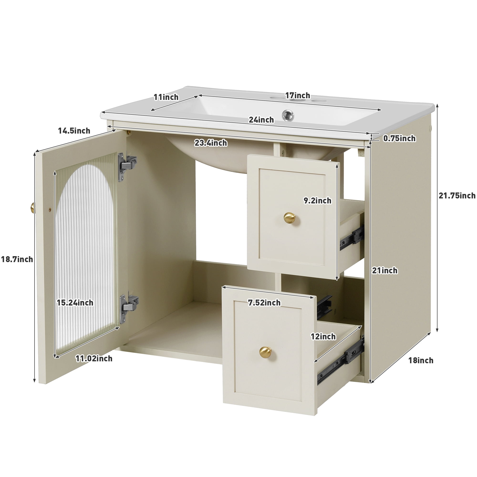 Euroco Wall-Mounted Bathroom Vanity with Ceramic Sink – Glass Door Cabinet, 2 Drawers, Overflow Drain, Easy Assembly & Modern Minimalist Design