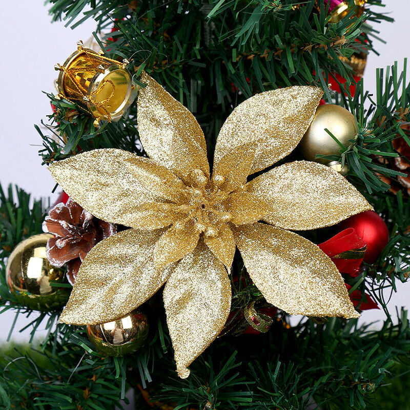 10PCS Artificial Glitter Flowers for Christmas Tree Ornaments New Year Decor\ 