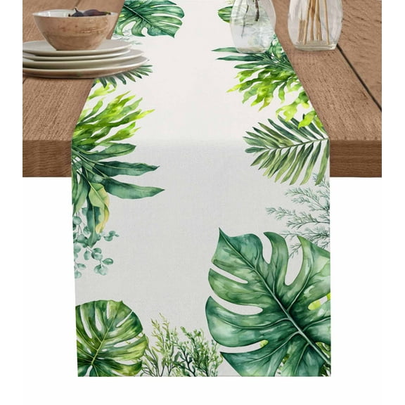 Tropical Palm Leaf Table Runner Cotton Linen 36 Inch Holiday Dresser Scarves, Summer Rustic Botanical Leaves Tablerunner for Kitchen Coffee Dining Bedroom Living Room Dinner Scarf Décor 13''x36''