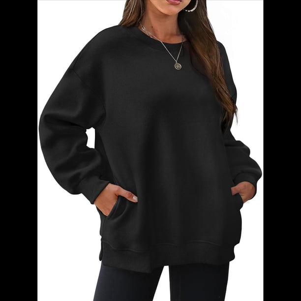 Sudadera de Gran Tamaño para Mujer, Cuello Redondo, Larga, Jersey de , Ropa de Moda de Otoño con Bolsillo Negro M