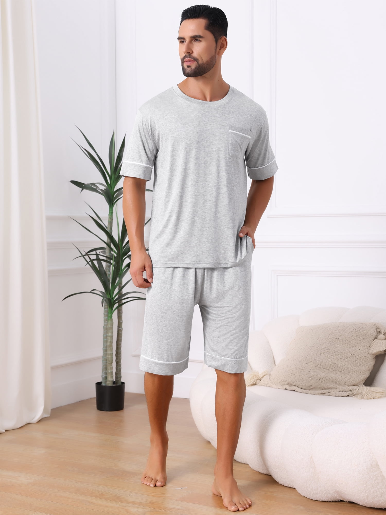 DARING DIVA Men's Soft Nightwear Summer Crew Neck Pajama Set with Pockets XL Light Gray