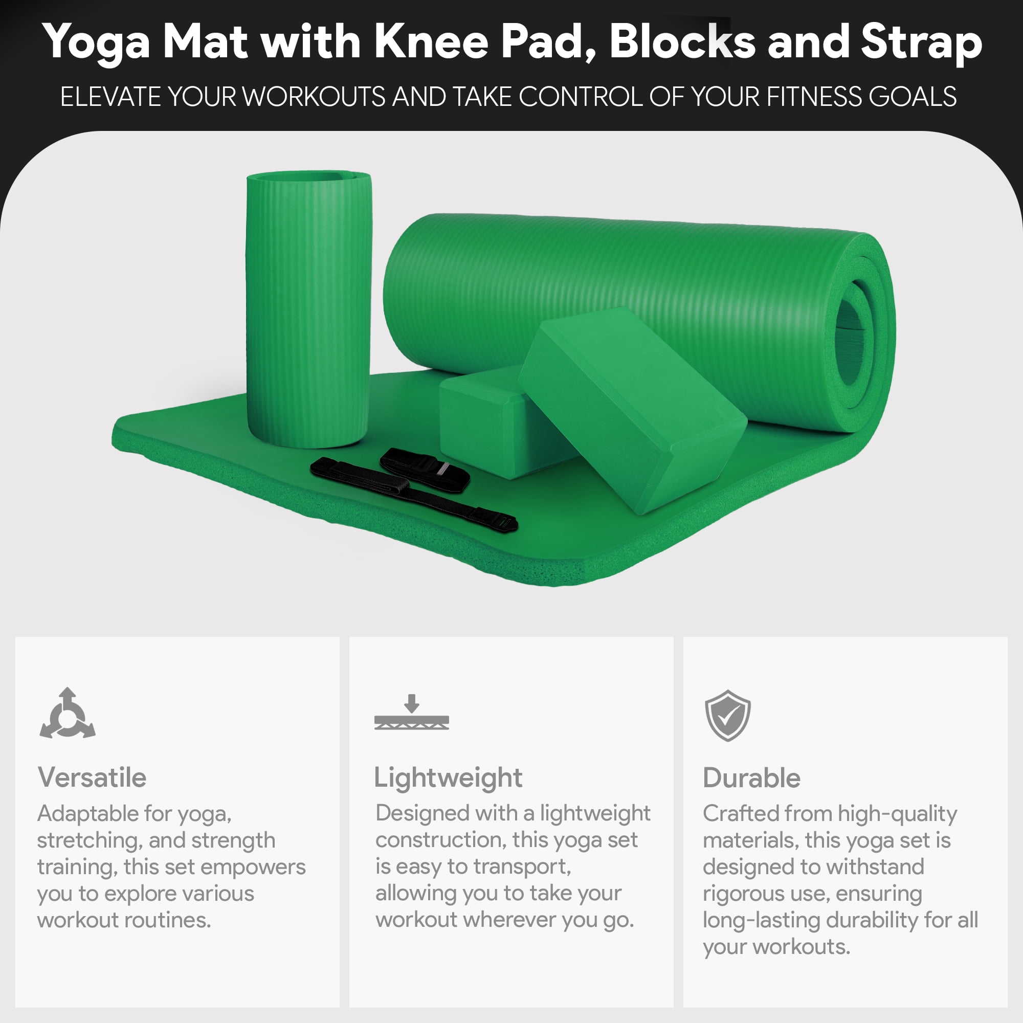 BalanceFrom 71x24x1 Inches Extra Thick Yoga Mat with Knee Pad and 2 Blocks, Green