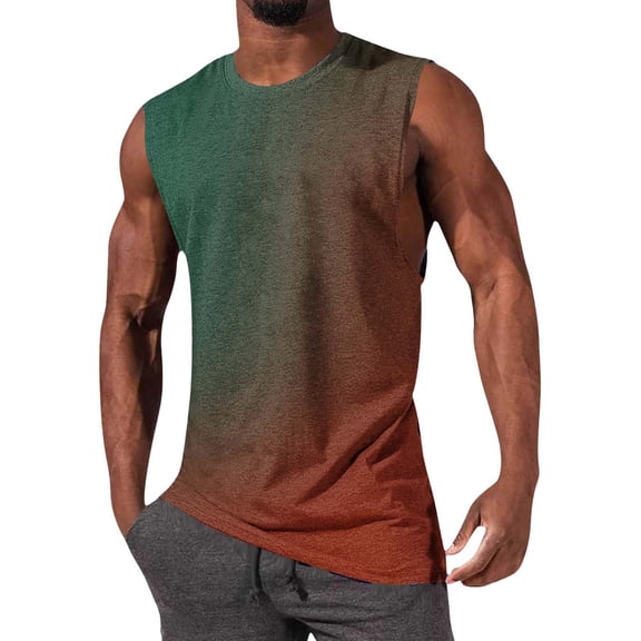 BRGZLK Mens Tank Tops Casual Summer Sleeveless Workout Muscle Tees Gradient Print Crew Neck Training Bodybuilding T Shirts